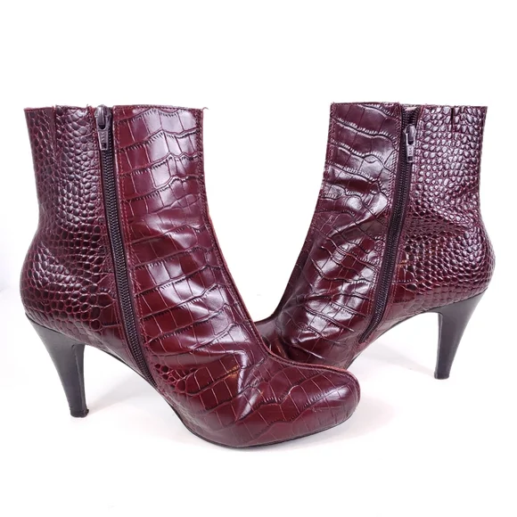 Audrey Brooke Burgundy/Wine Heeled Faux Alligator Boots - Picture 6 of 8